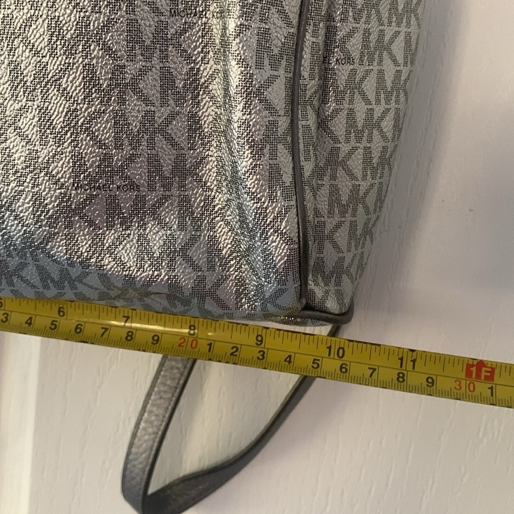 Michael Kors Silver shimmer Monogram Backpack shiny zipper leather compartments - Picture 12 of 16